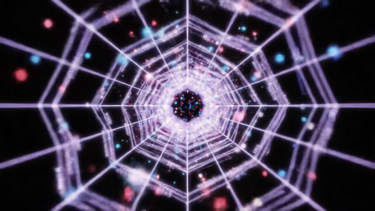 A Captivating Journey Through a Digital Web of Light and Color: Explore the Depths of a Mesmerizing Abstract Structure in Motion