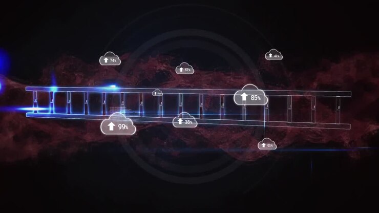 Animation of clouds with growing number over data processing and dna strand