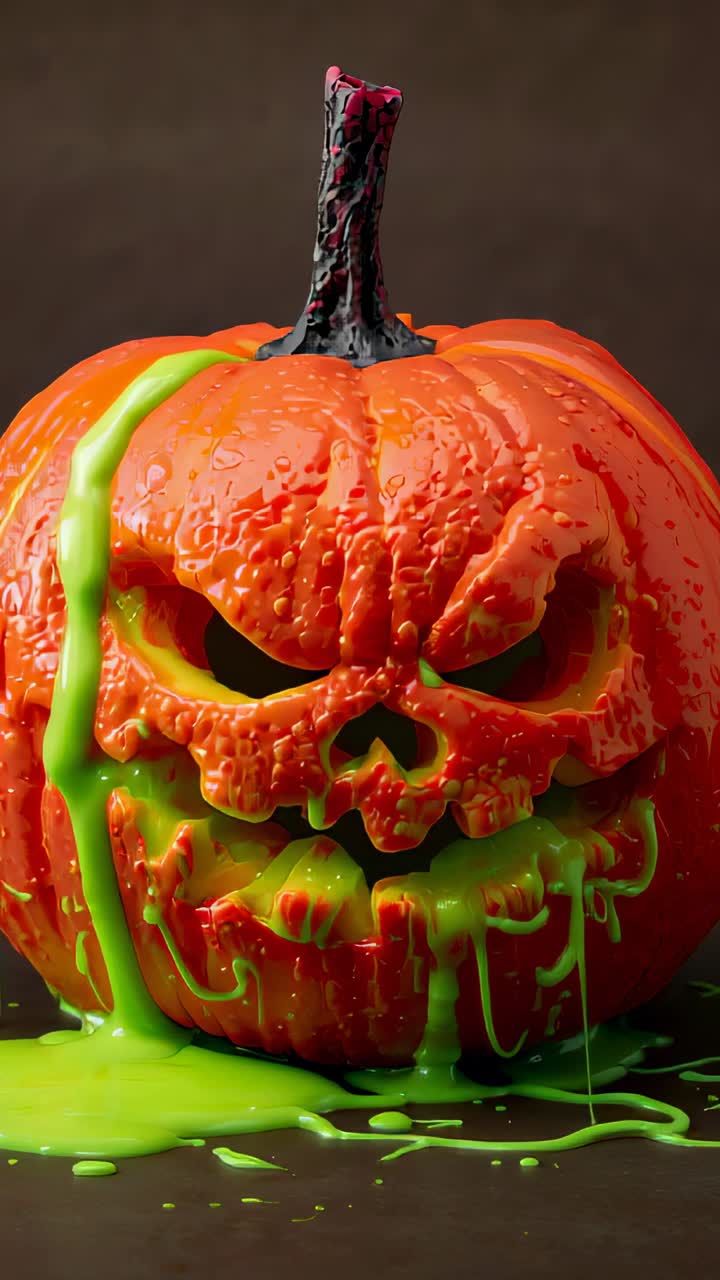 Vertical video: Neon green slime trickling from stem onto carved skull pumpkin on tabletop