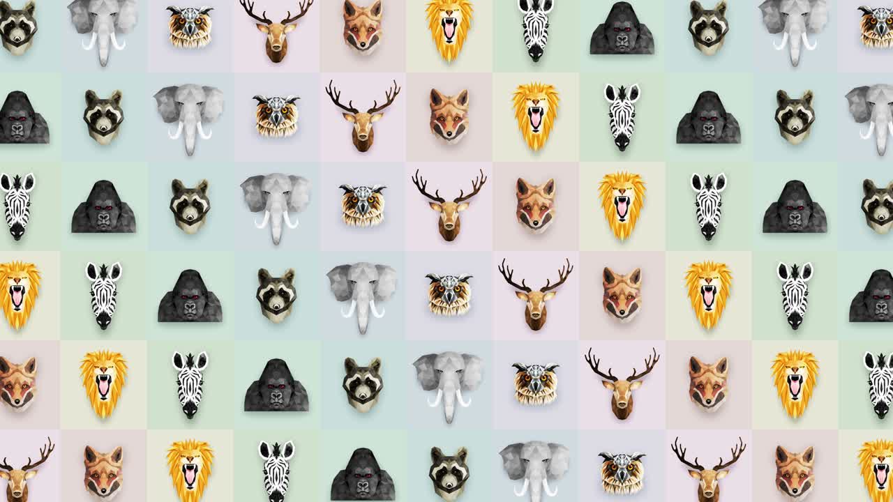 colección de diferentes animales. símbolo del zoológico. iconos de polígono bajo. león, gorila, cebra, mapaches, zorro, elefante, ciervo, búho. conjunto de animación de bucle geométrico.