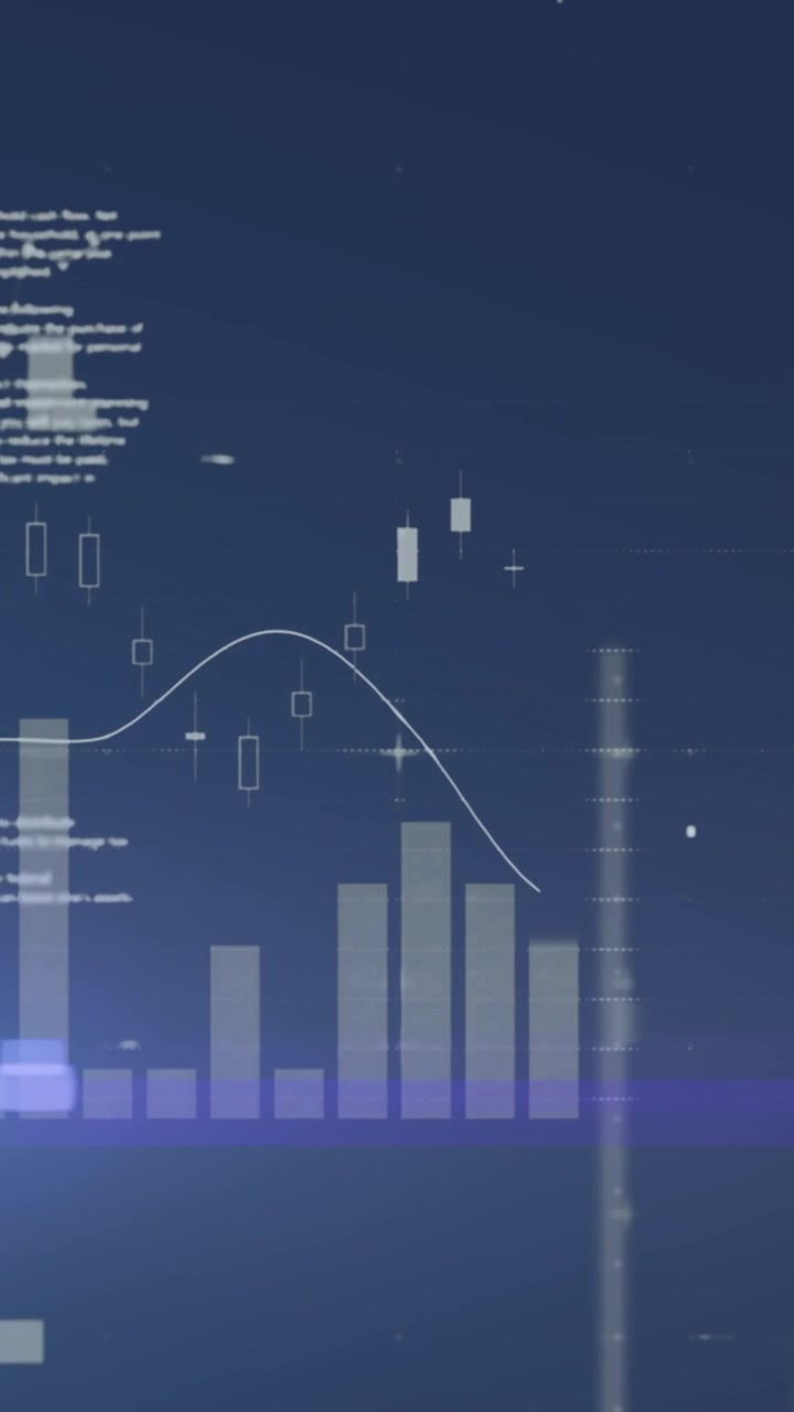 Animation of screens with statistical data processing against light spot on blue background