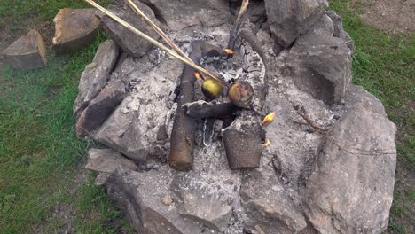 fuego de campamento visto desde arriba con comida calentada