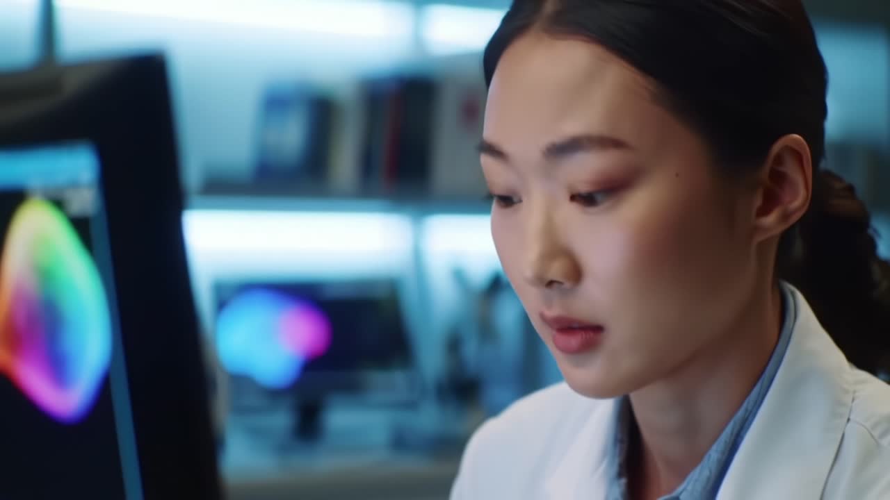 Focused Researcher Analyzing Colorful Data Visualizations on a Computer Screen in a Modern Laboratory Setting, Portraying Concentration and Innovation