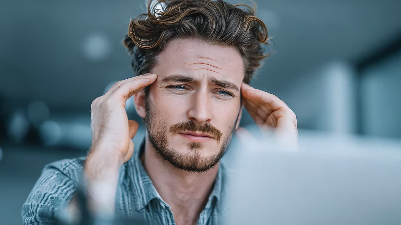 A man expresses feelings of stress and concentration at the workplace, illustrating the challenges of modern life and the impact of mental fatigue and pressure