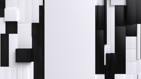superficie rectangular tessellada en blanco y negro en movimiento. fondo abstracto con azulejos fragmentados de escala tambaleante. patrón de diseño de movimiento 3d con animación en bucle y lugar para texto. renderizado 4k uhd