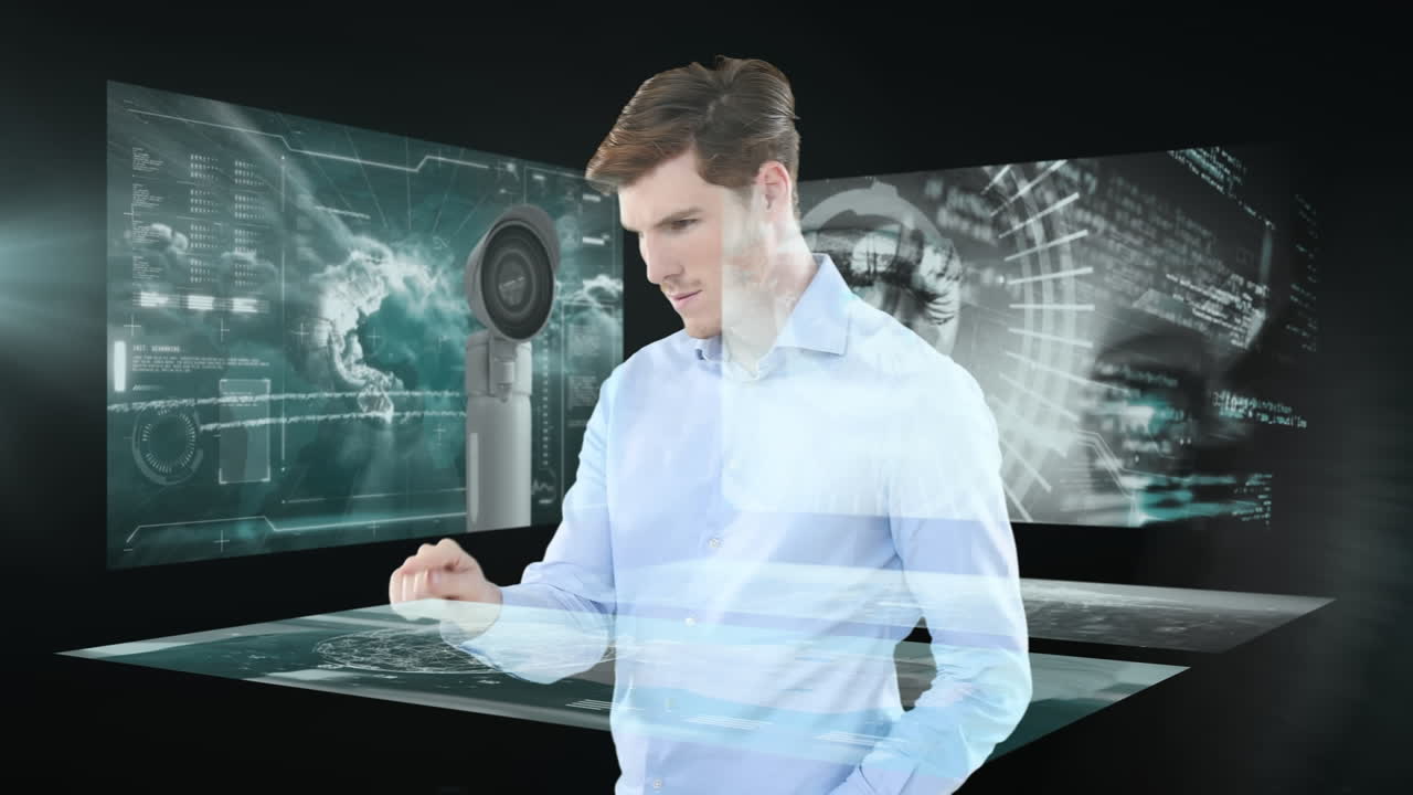 인터페이스를 사용하여 미소 짓는 백인 사업가에 대한 데이터 처리 애니메이션