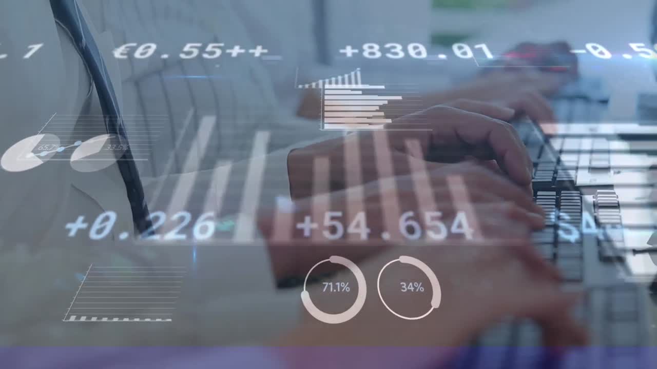 Animation of businessman people using computers with financial data processing