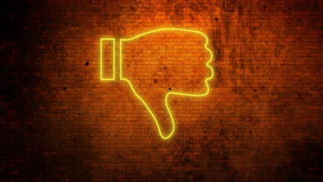 animación de pulgares de neón brillantes hacia abajo icono en la pared de ladrillo