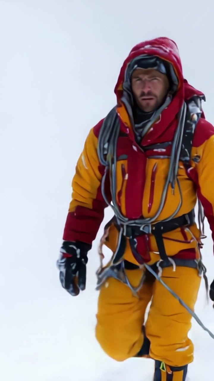 Un alpinista determinato affronta dure condizioni invernali, adornato in un completo colorato che lo protegge dal freddo implacabile e dall'ambiente simile a una bufera di neve