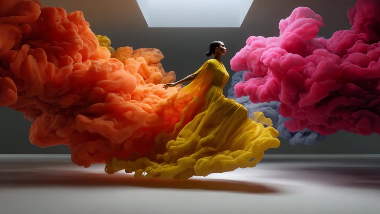 A Mesmerizing Dance of Colors: A Woman in a Flowing Yellow Dress Surrounded by Vibrant Clouds of Orange and Pink Smoke, Capturing the Essence of Movement and Artistic Expression in a Stunning Visual Display