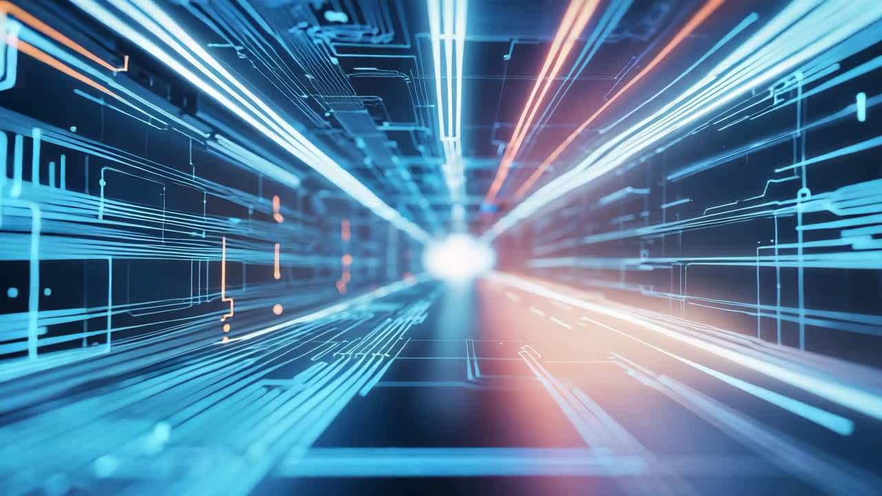 Abstract Digital Data Tunnel with Glowing Circuit Lines