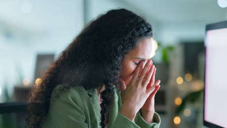 Woman,-stress-or-computer-screen-in-night-office