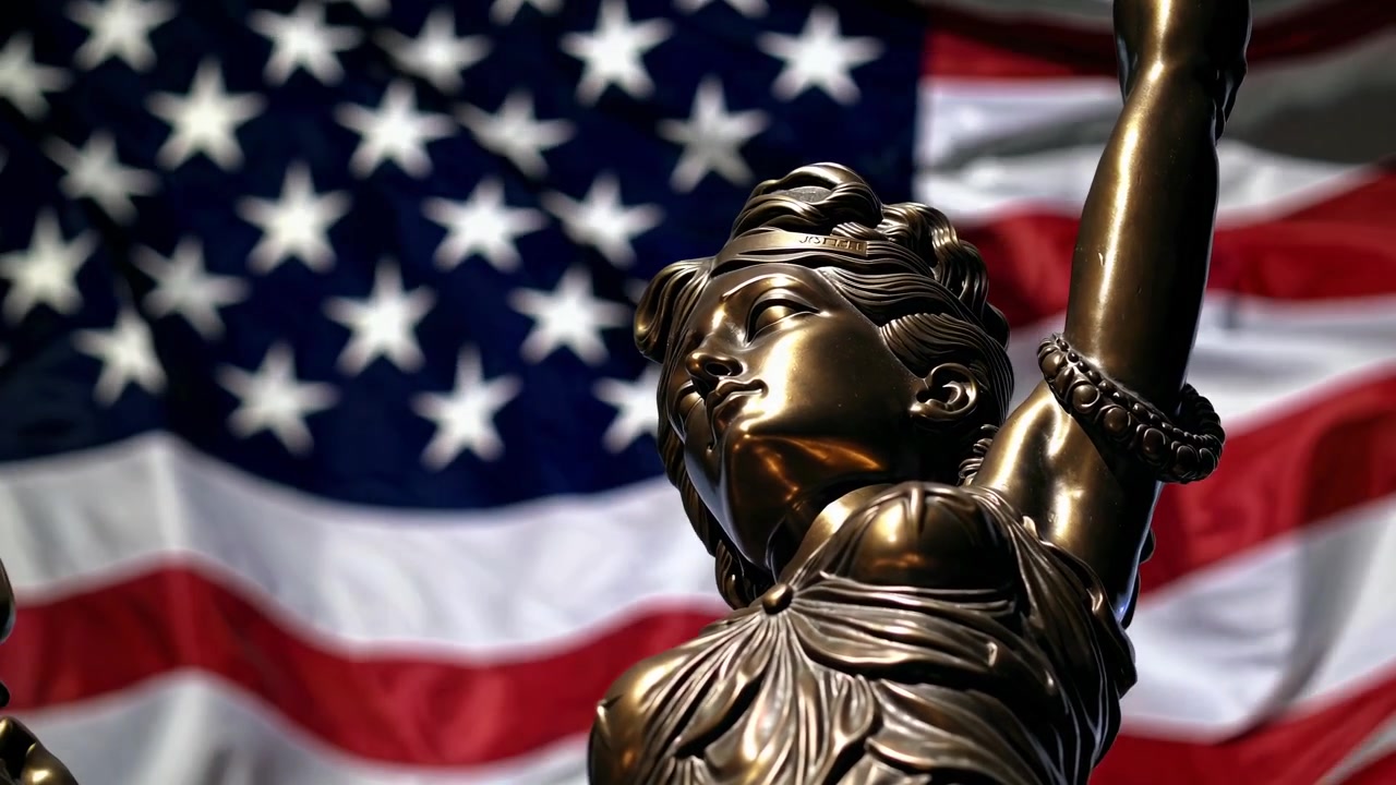 Bronze Lady Justice Statue with Waving American Flag Background
