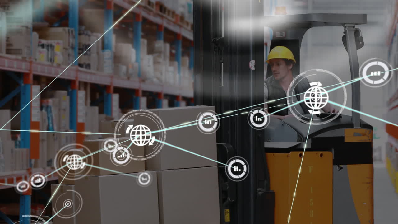animación de la red de conexiones con iconos sobre el hombre que trabaja en el almacén
