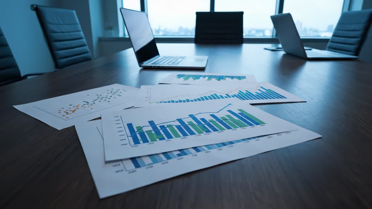Grafici e diagrammi aziendali su un tavolo in una sala conferenze