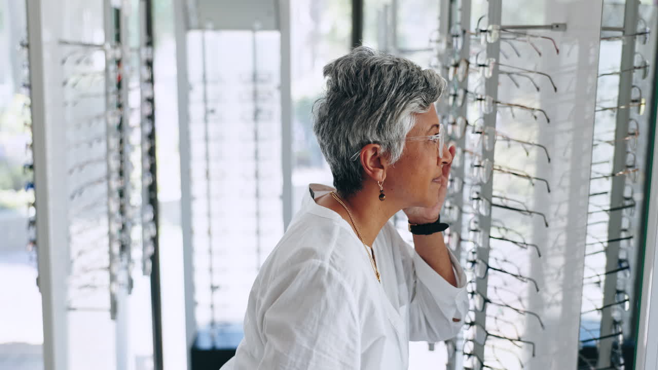 Glasses, shopping and excited senior woman face