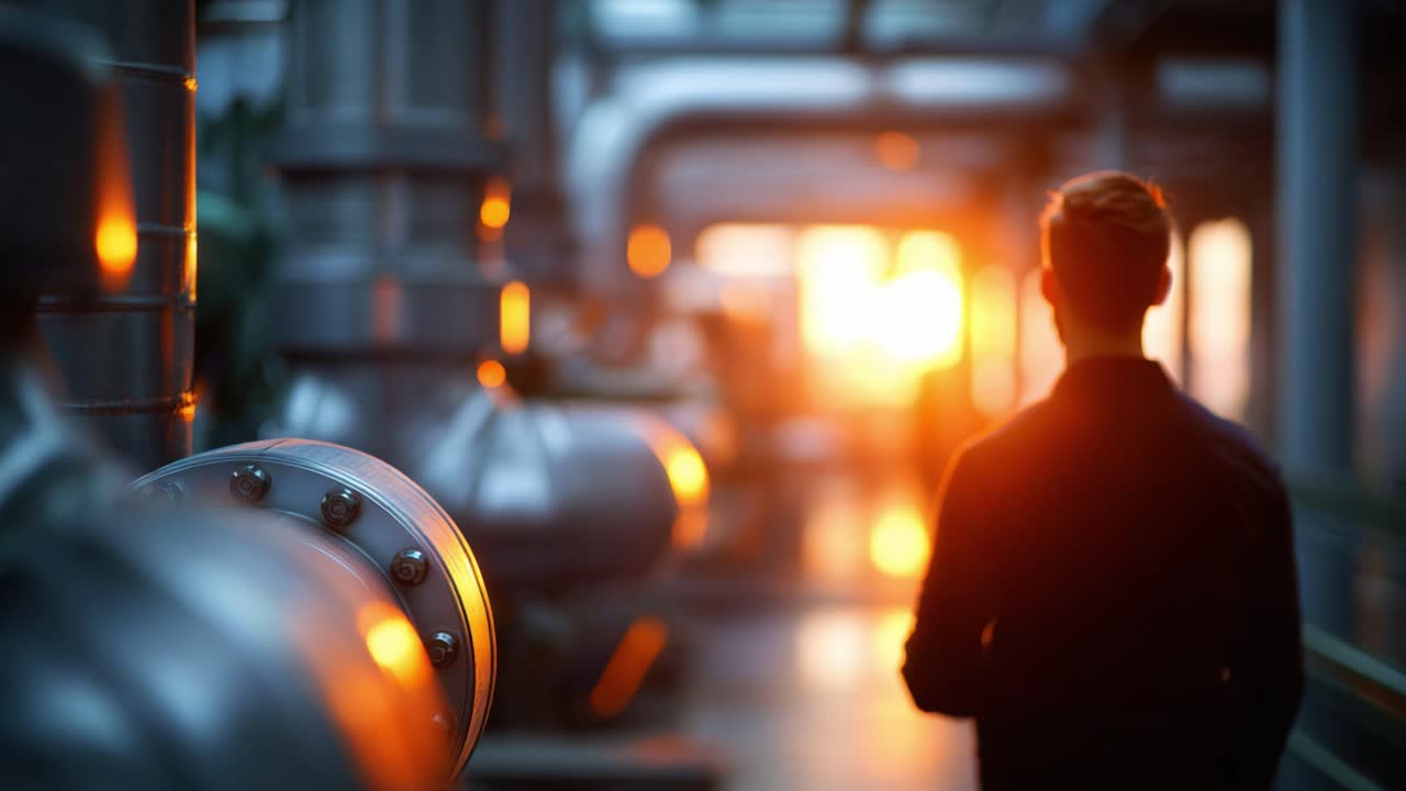 Silhouette of a Person Observing Industrial Equipment Against a Backdrop of an Orange Sunset in a Modern Facility Setting