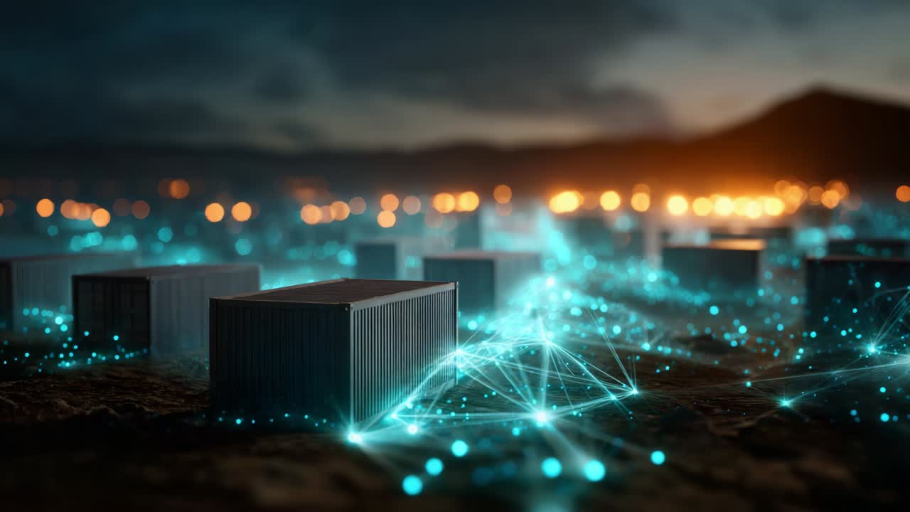 Eine fesselnde Darstellung digitaler Konnektivität, die ein Feld von Schiffscontainern zeigt, das in ein lebendiges Netzwerk aus leuchtenden Lichtern und Datenströmen eingebettet ist und den technologischen Fortschritt in den Bereichen Logistik und Lieferkettenmanagement veranschaulicht