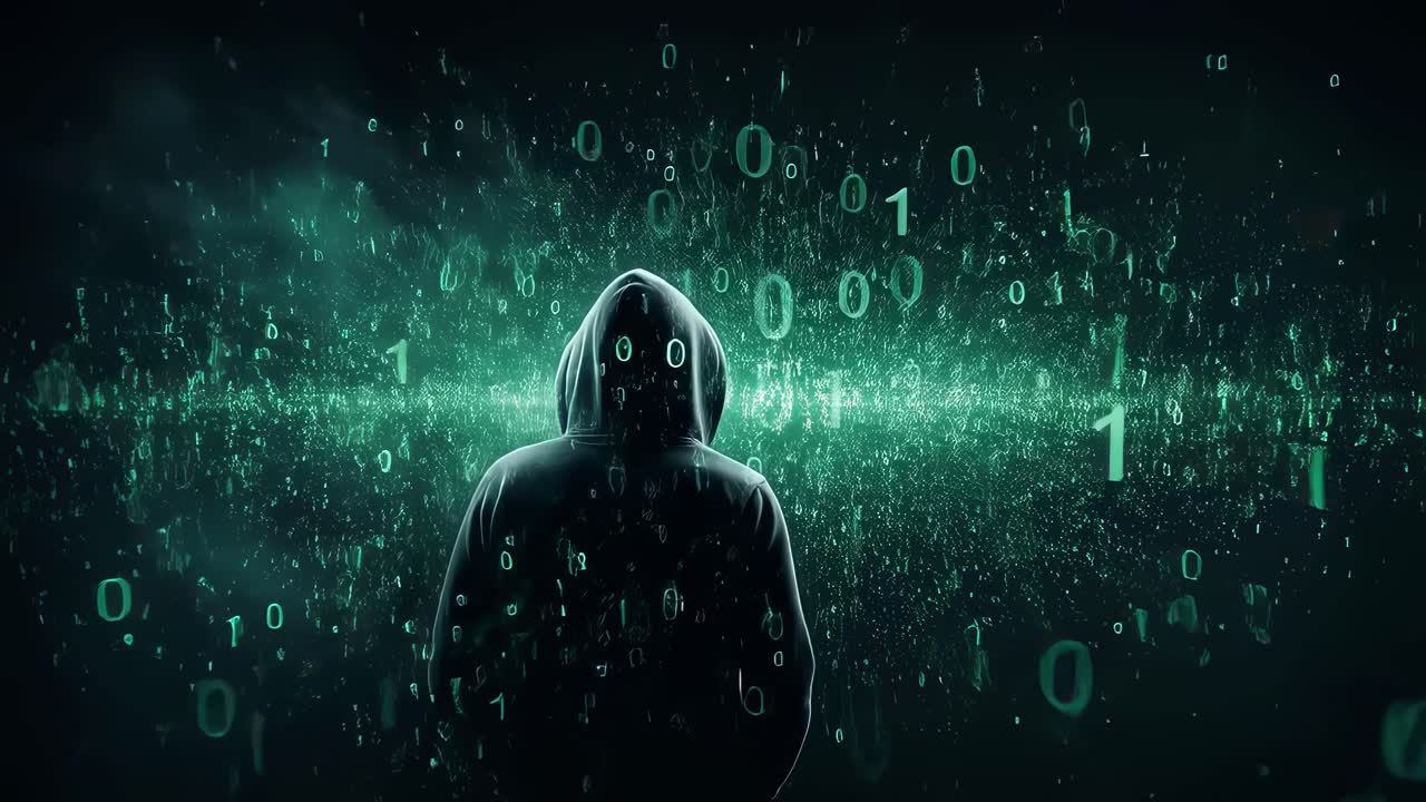 Exploring the world of digital coding and cybersecurity with mysterious figures in a futuristic setting