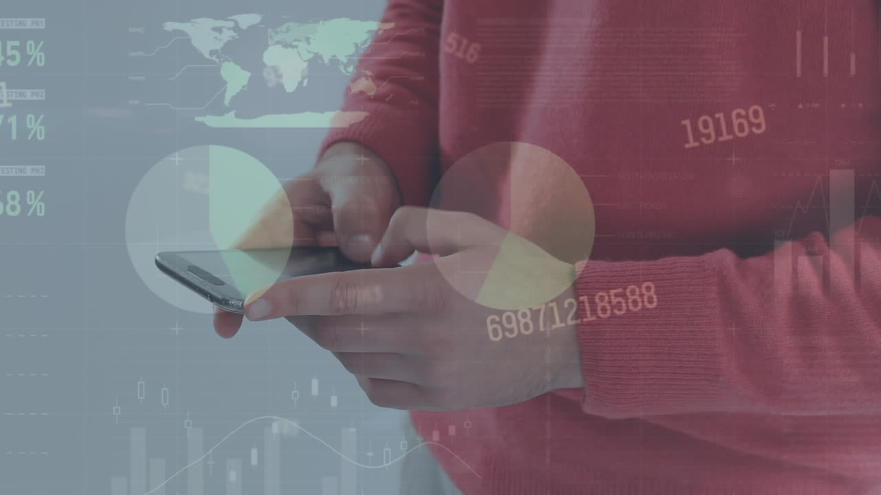 animación de la interfaz infográfica sobre la sección media de un hombre caucásico escribiendo en el teléfono móvil