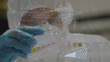 animación de ecuaciones matemáticas sobre un científico caucásico en el laboratorio