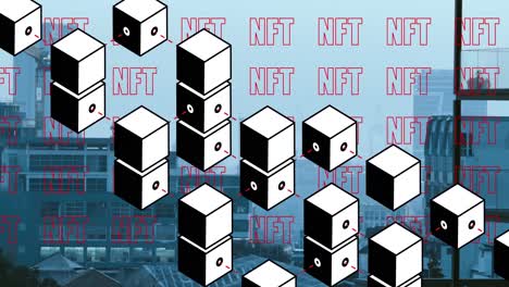 animación de bloques 3d y múltiples pancartas de texto nft contra la vista aérea del paisaje urbano.