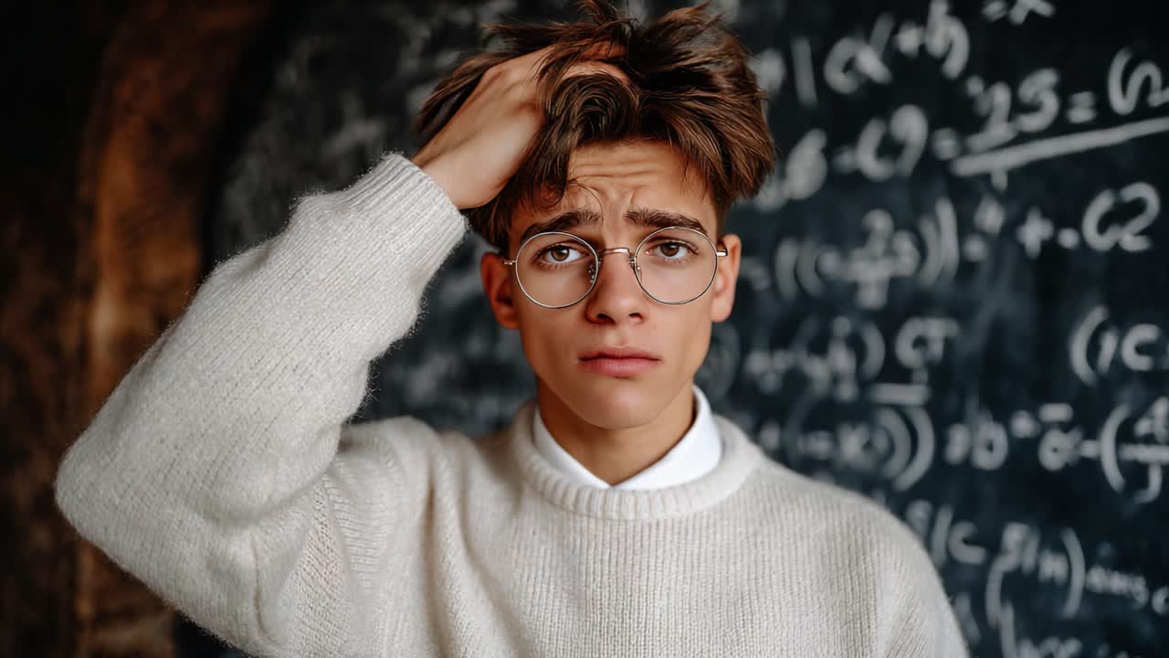A young student expresses confusion and worry while staring blankly at a chalkboard filled with complex mathematical equations, symbolizing the pressures of academic challenges