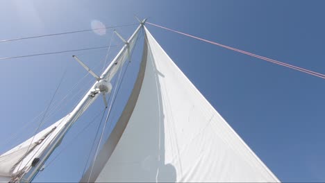 looking up on a white sail on a boat against a clear blue sky