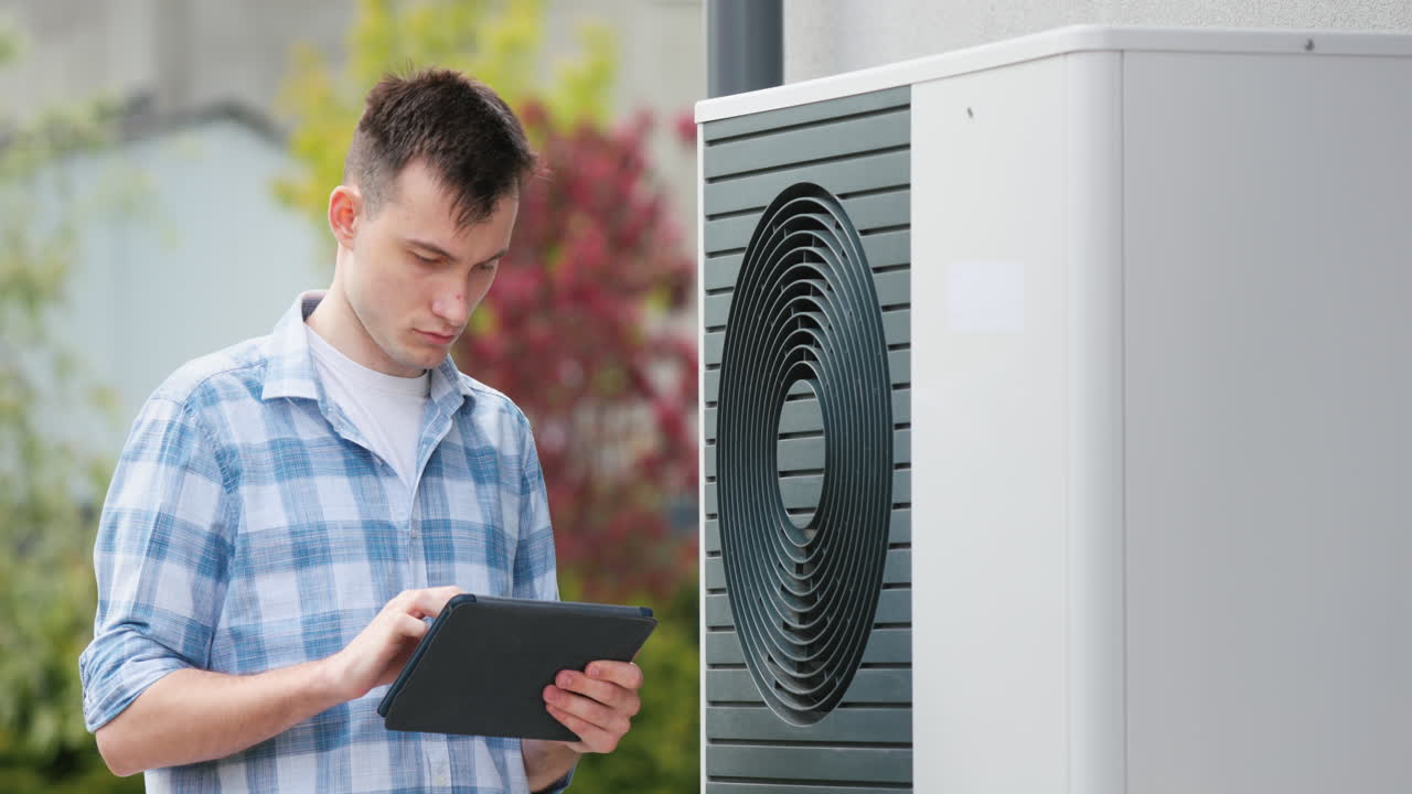 A young engineer sets up a heat pump near a private house. Uses a tablet