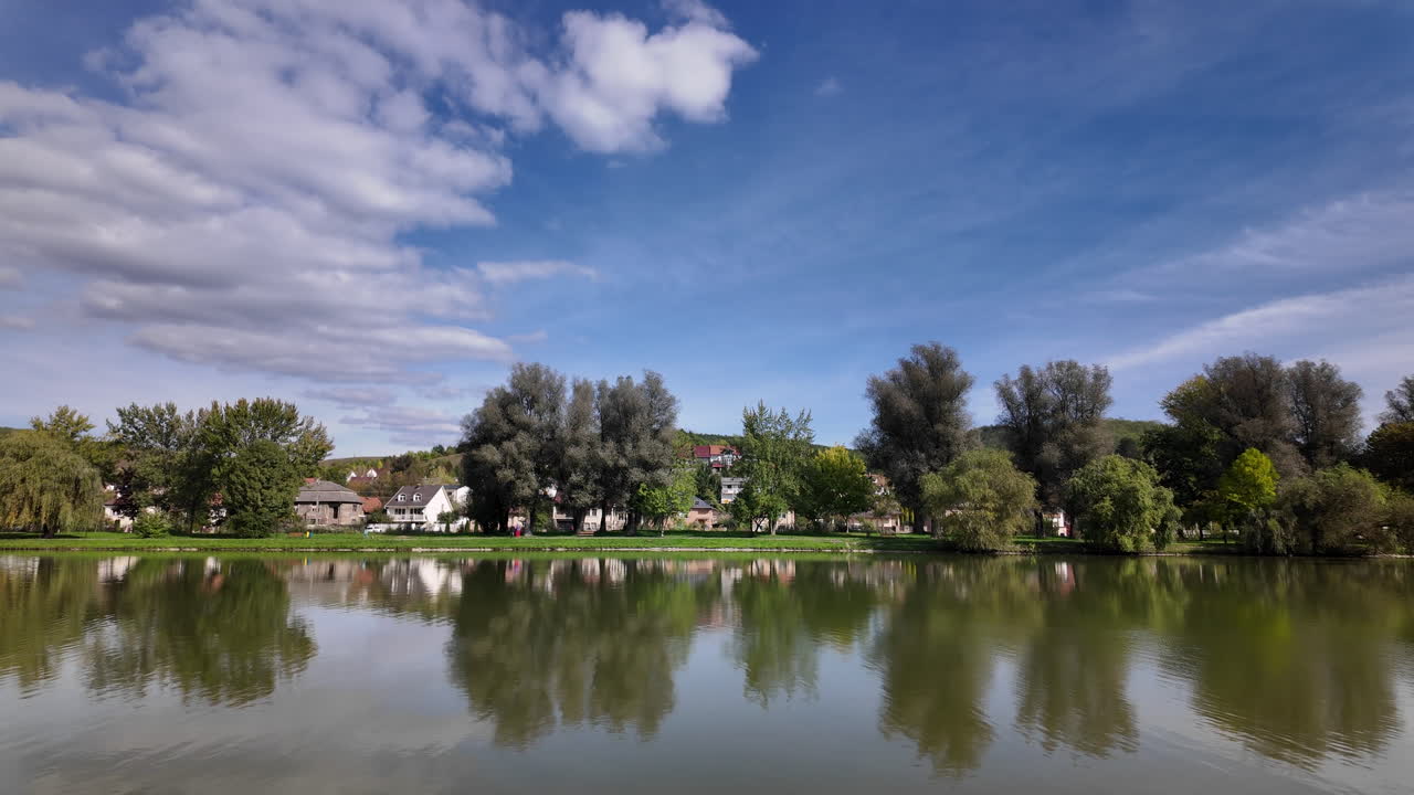 Peaceful lakeside village under blue sky