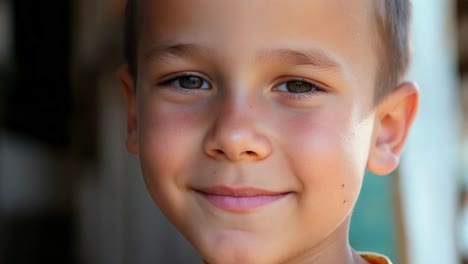 closeup portrait of young boy with short hair, dynamically zooming to reveal progressive stages of genuine happiness, capturing pure childhood joy through expressive facial reactions