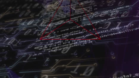 Animation of geometrical shapes, binary code and data processing on black background