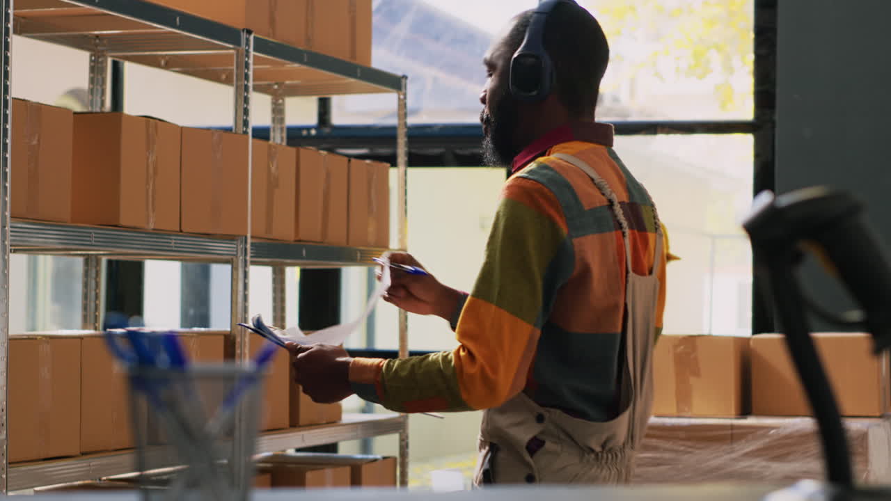 Warehouse worker checking inventory with clipboard and headphones