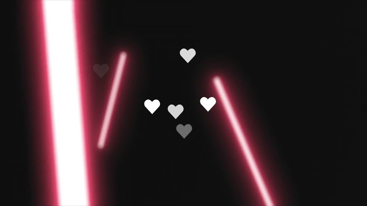 Animation of heart icons and data processing over neon pattern