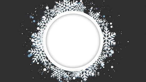 round snow frame with empty space for your text. winter frame made of spots or dots of various size. circle shape. new year, christmas black and white loop animation.
