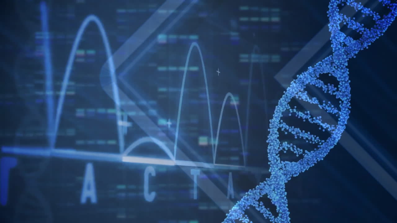 Animation of dna strand and digital data processing over black background