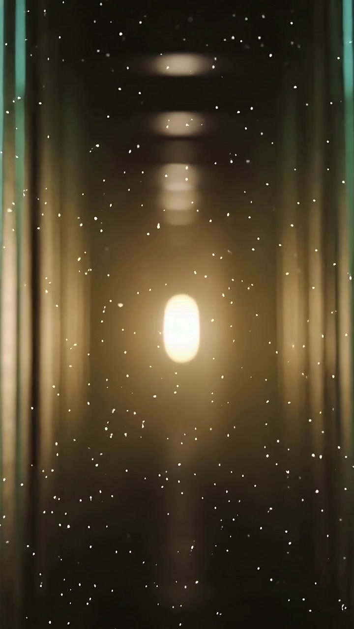 Video verticale: Telecamera che avanza in un condotto verde, con la polvere che si muove verso una luce centrale rivelando profondità.
