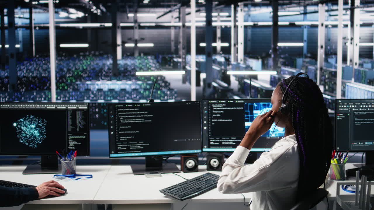 System Administrator In Data Center Wearing Headset Assisting Users With Ai