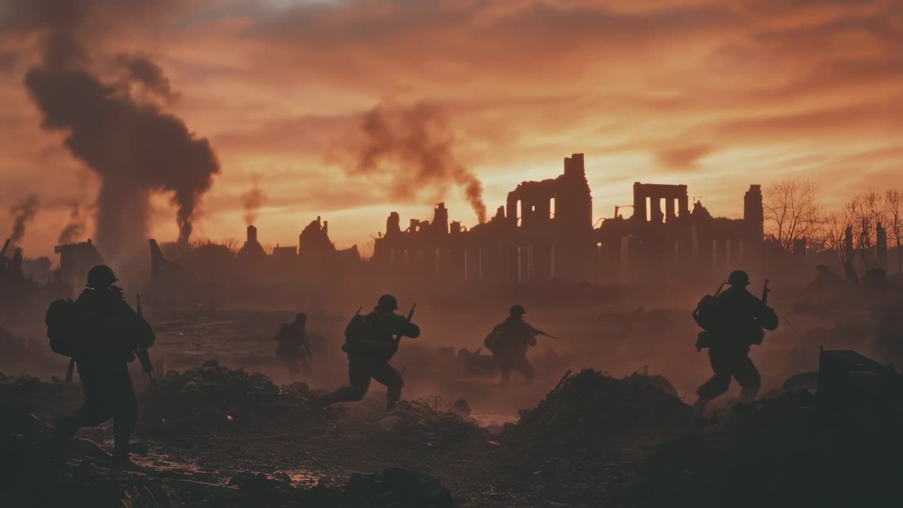 Silhouetted infantry soldiers advancing across war ravaged battlefield near destroyed building, smoke billowing against dramatic sunset sky, depicting intensity of military conflict