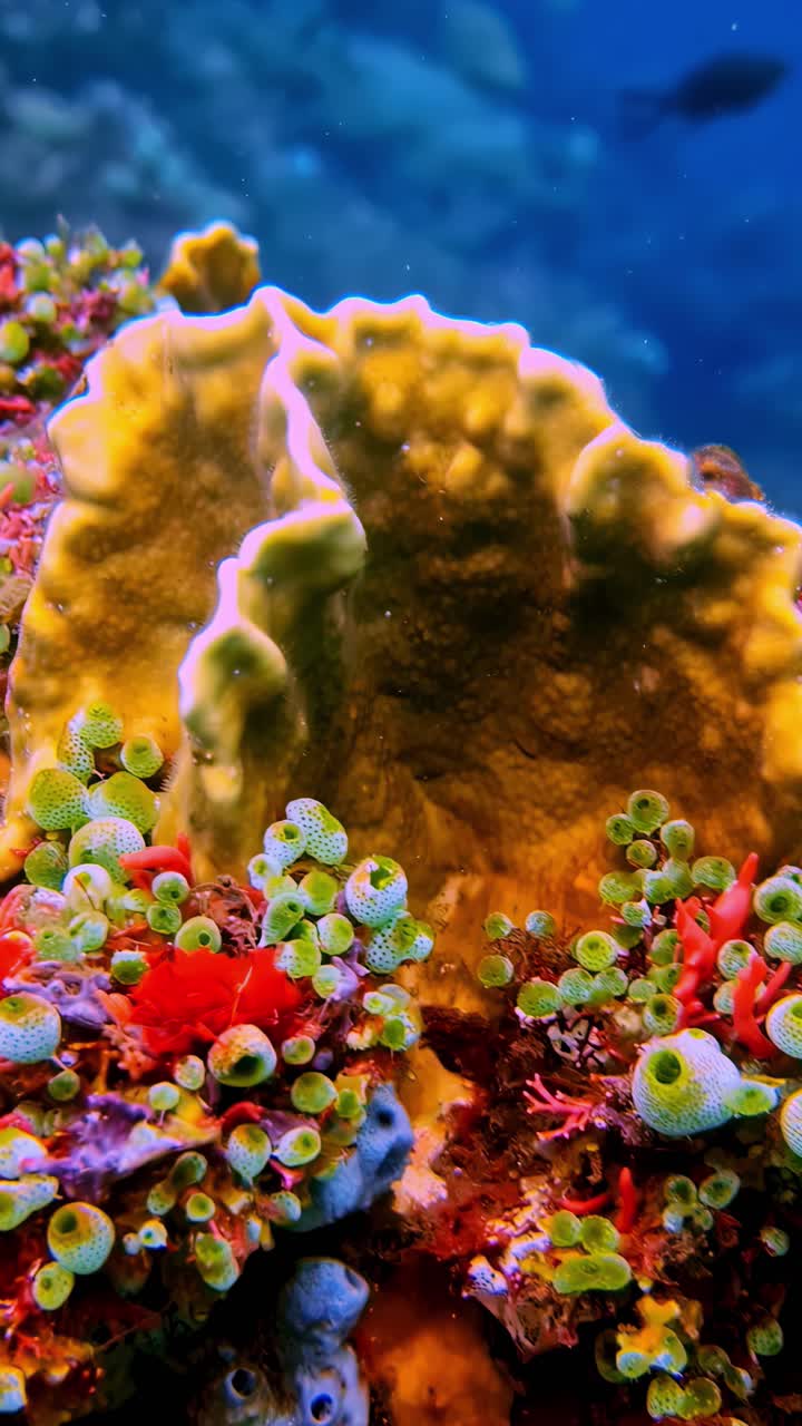 Vertical shot of an underwater realm with vivid corals and hues