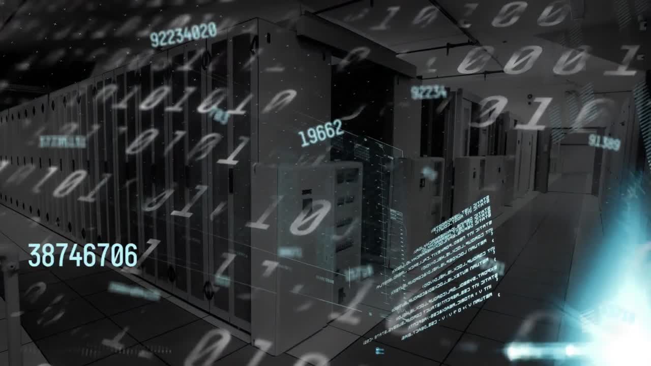 Animation of data processing and binary coding over server room
