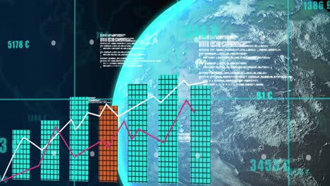 Animation-of-data,-graphs-and-globe-on-black-background