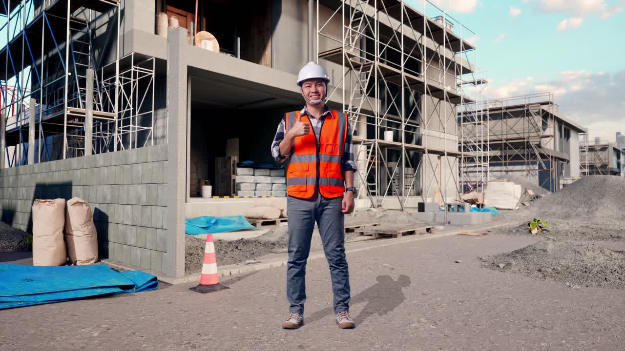 Full Body Of Asian Male Engineer With Safety Helmet Smiling And Showing Thumbs Up Gesture To The Camera While Standing At Building & Construction Site in Progress to New House