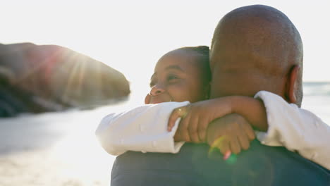 father, kid or hug on ocean in sun