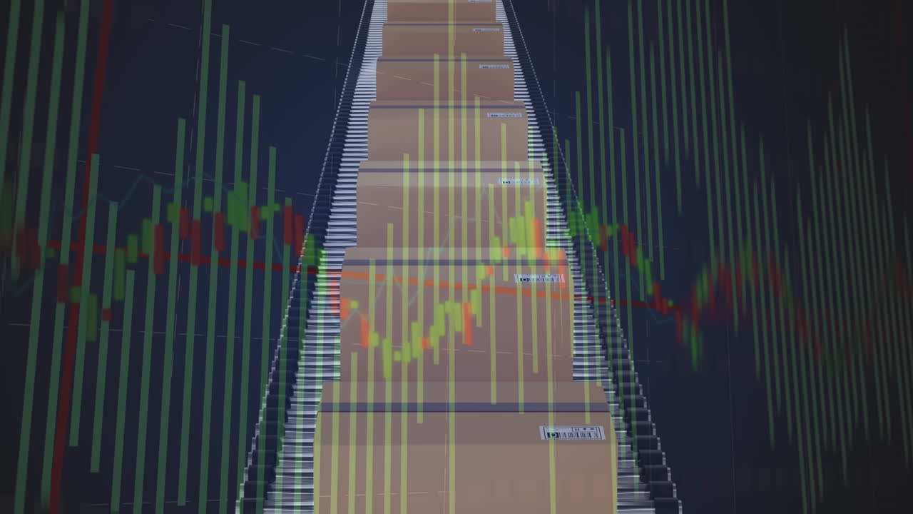 컨베이어 벨트에 있는 상자 위에서 금융 데이터 처리의 애니메이션