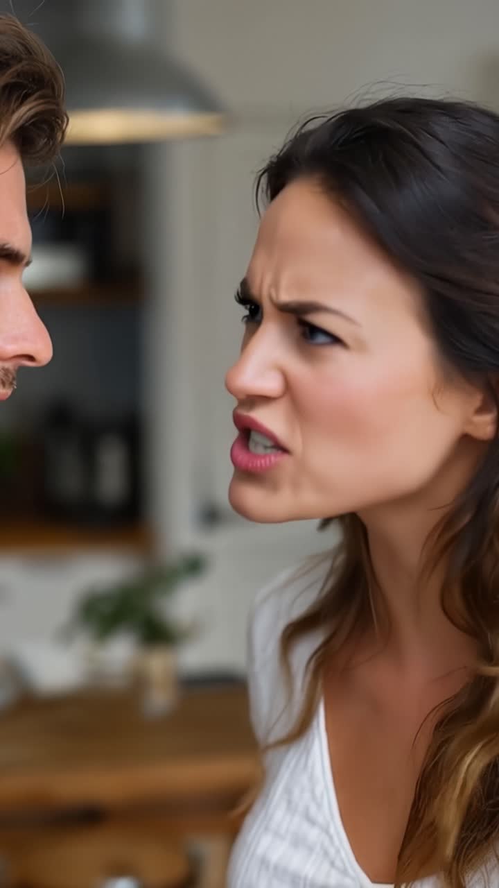 Woman shouts, face contorted in anger. Man stares back, expression tense and frustrated. Kitchen setting suggests a heated domestic argument. Emotions convey intense conflict and tension