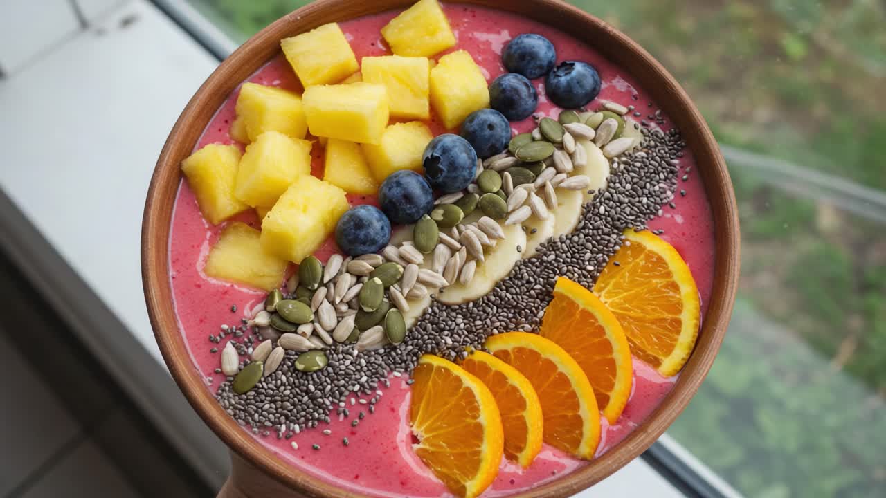 Vibrant and Nourishing Smoothie Bowl Topped with Fresh Fruits, Seeds, and a Colorful Blend of Ingredients Ideal for a Healthy Breakfast or Snack