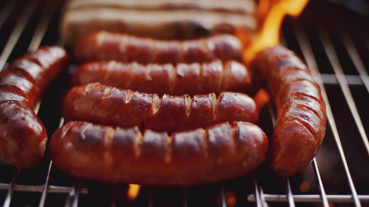 salchichas a la parrilla sobre las llamas