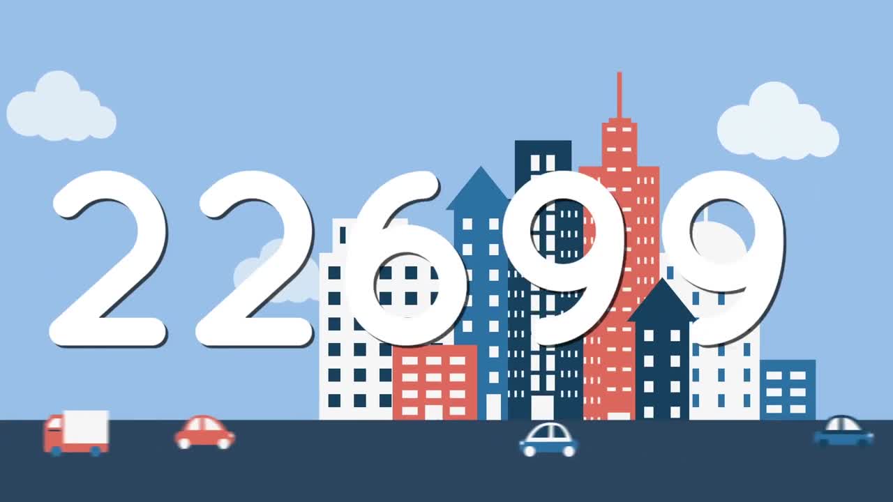 Animazione digitale di numeri crescenti su veicoli in strada sullo sfondo di grattacieli.