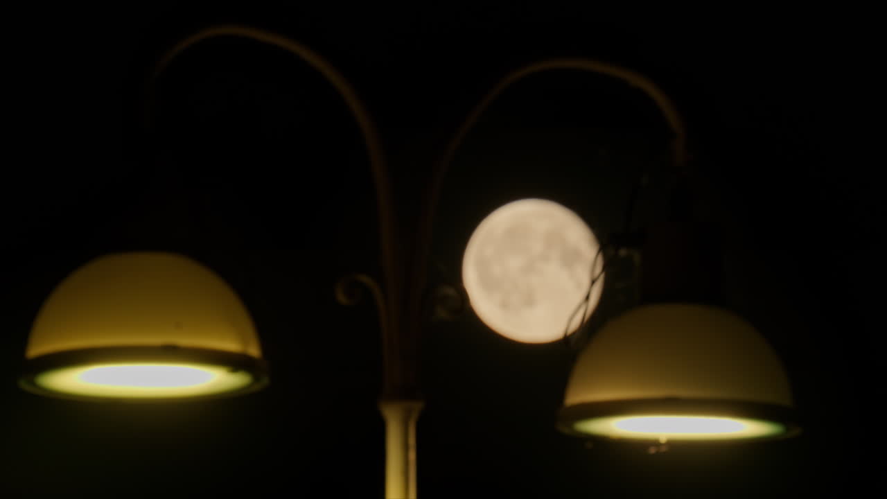Full moon glowing behind a street light in a dark urban night scene, creating contrast. Copenhagen, Denmark